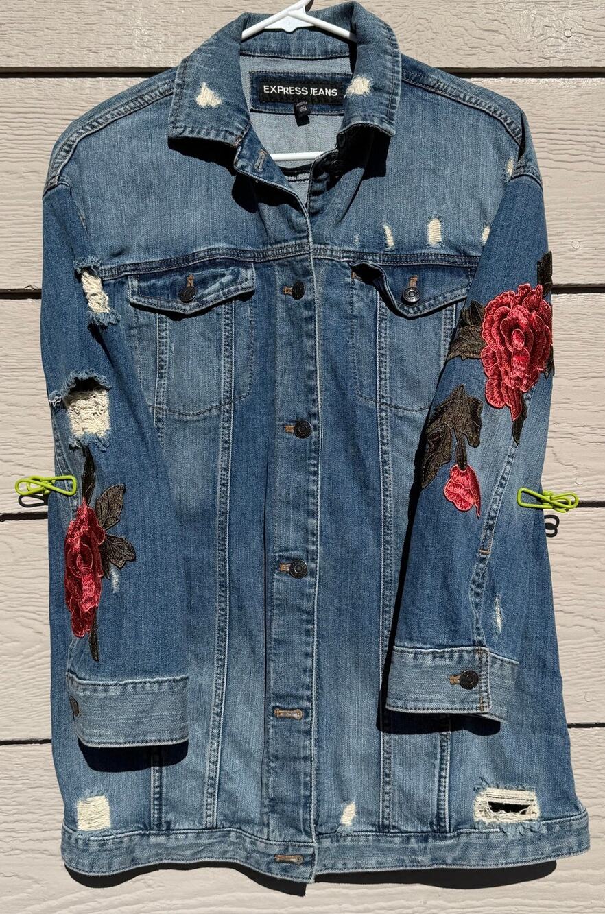 Express Jeans Women Boyfriend Denim Jacket Oversize Rose Appliques Small